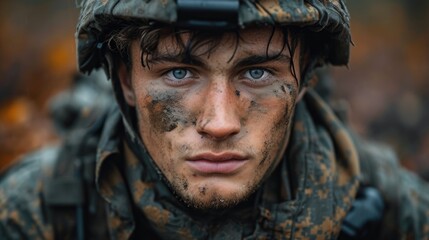Obraz premium Focused young soldier in field training, epitomizing resilience and preparedness in the army.