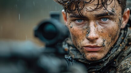 Focused young soldier in field training, epitomizing resilience and preparedness in the army.