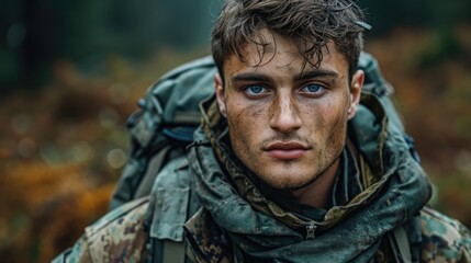 Focused young soldier in field training, epitomizing resilience and preparedness in the army.
