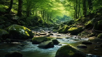 Schilderijen op glas river with mossy rocks in the middle of a tropical forest © nomesart