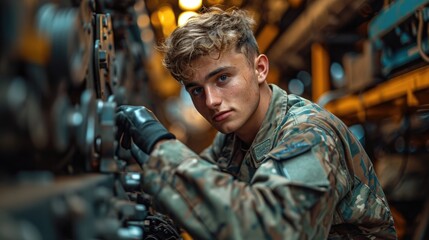 Obraz premium Focused military engineer in a workshop, depicting technical expertise in the armed forces.