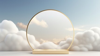 Round white frame, podium, platform against the background of fluffy white clouds. Abstract aerial background for advertising products and cosmetics.