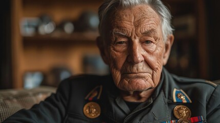 Reflective retired veteran with military memorabilia, embodying the enduring legacy of military service. - obrazy, fototapety, plakaty