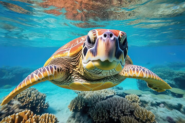 Green sea turtle swimming on coral reef in tropical sea. Green sea tortoise swimming underwater