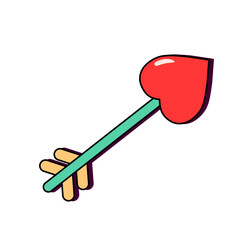 Cupid arrow with  red heart. Cute and funny Valentine's Day element in retro groovy, style. Love and romance. Vector illustration isolated on  white background.