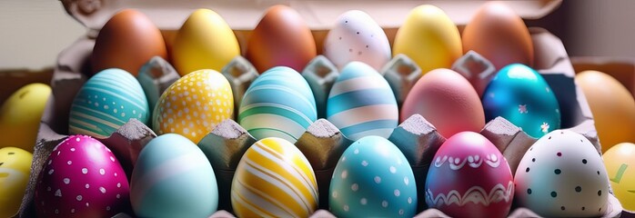 Fototapeta na wymiar Colorful Easter eggs in porcelain storage organizer box. Easter celebration concept. Close up, copy space