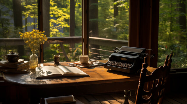 Vintage Office with Typewriter and Forest View

