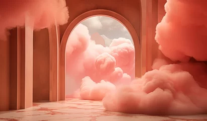 Poster Architectural arch with fluffy clouds. Surreal magical conceptual interior room in pastel colors. Minimalistic background, showcase for advertising. © Jools_art