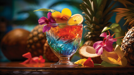 Tropical Rainbow Cocktail with Flowers and Exotic Fruits