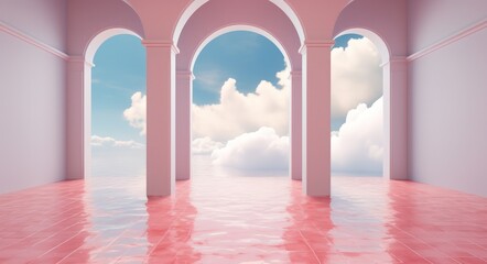 Architectural arch with fluffy clouds. Surreal magical conceptual interior room in pastel colors. Minimalistic background, showcase for advertising.