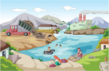  Illustration showing dumping of waste material and pollution of water and air - obrazy, fototapety, plakaty