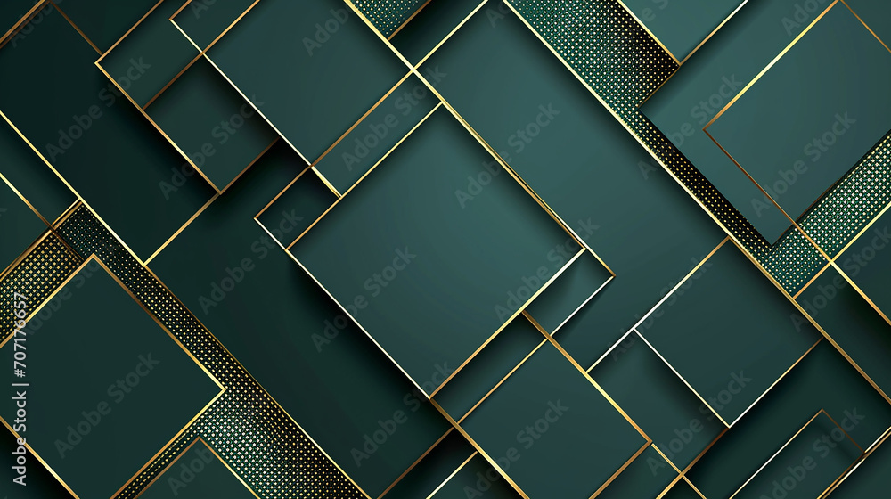 Poster dark green abstract background with gold lines and shadow. geometric shape overlap layers