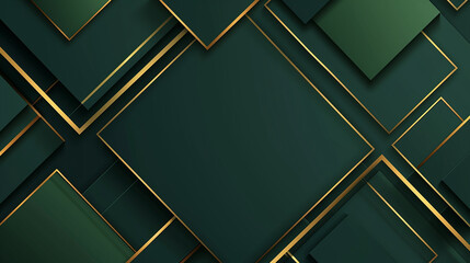 Dark green abstract background with gold lines and shadow. Geometric shape overlap layers