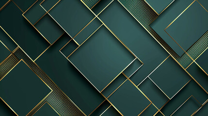 Dark green abstract background with gold lines and shadow. Geometric shape overlap layers