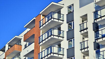 Residential area with modern apartment building. Facade of a modern apartment building.