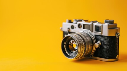 Retro camera on a yellow background, copy space.