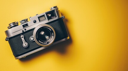 Retro camera on a yellow background, copy space.