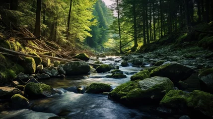 Foto op Aluminium river with mossy rocks in the middle of a tropical forest © nomesart