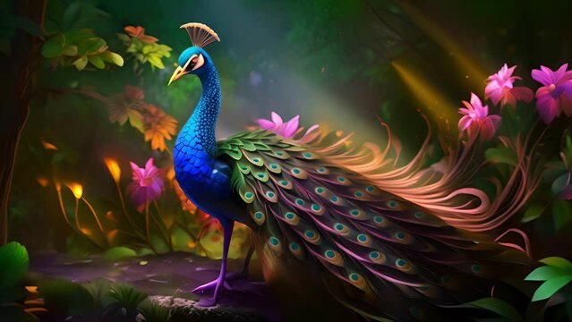 A vibrant peacock with stunning feathers standing among mystical forest flora with glowing lights