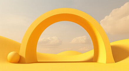 Fantasy world, futuristic fantasy image. Surreal landscape with water and colorful sand. Podium, display on the background of abstract glass, mirror shapes and objects.	
