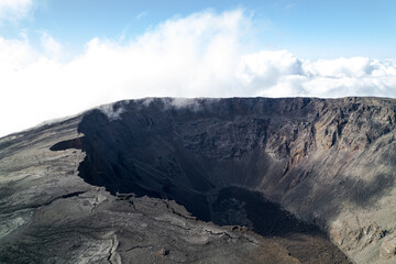 Aerial view by drone of the Piton de la Fournaise, the Dolomieu crater, the Formica Léo volcanic...