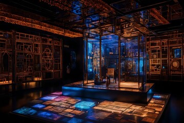 Conjure an immersive image of a Time Capsule Art Installation, perfectly lit to highlight the intricate details of items that represent the current cultural landscape.

