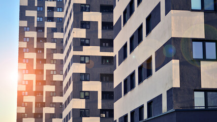 Residential area with modern apartment building. Facade of a modern apartment building.