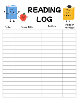 Reading log for schoolers, kids for tracking daily reading progress. Printable chart for book club, literature classes, school lessons, motivation for children to read, libraries. Bullet journal page.