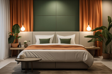 The design of the bedroom with bright orange and beige nuance with a spacious room. Modern minimalist bedroom interior design. Aesthetic luxury room decoration and unique furniture and eye-catching