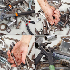 Collage with dirty hand of repairman with tools and details for repairing machines in workshop.