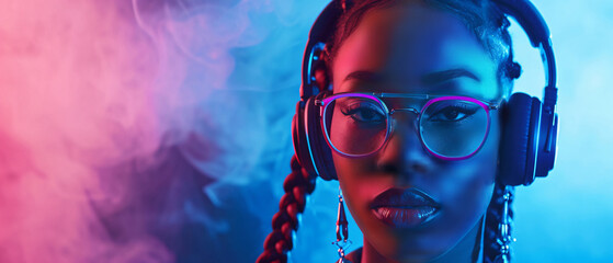 Potrait of female afro american DJ wearing headphones. Club wide screen background with copy space.