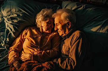 Obraz premium An elderly couple lies in bed, embracing under sunlight, showcasing enduring love and comfort in their golden years.
