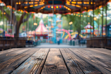 Empty Wooden Tabletop with Amusement Park Blur Background