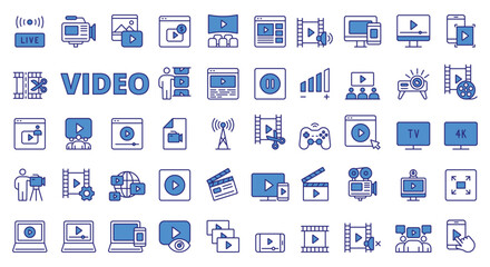 Video icons in line design blue. Vlog, movie, motion, play, video editor, media, creation, videography, content, multimedia isolated on white background vector. Video editable stroke icon.