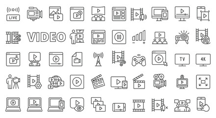 Video icons in line design. Vlog, movie, motion, play, video editor, media, creation, videography, content, multimedia isolated on white background vector. Video editable stroke icon. - obrazy, fototapety, plakaty