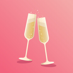Glasses with champagne on a pink background. Sparkling wine, bubbles. Holiday design, vector illustration. Icon, single object. © Tatiana Koziuberda