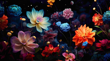 A digital garden of surreal flowers, each petal radiating a unique and vivid color against a cosmic black background.