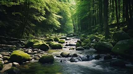 Ingelijste posters river with mossy rocks in the middle of a tropical forest © nomesart