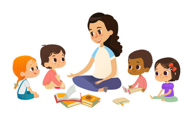 Smiling kindergarten teacher talks to children sitting in circle and asks them questions. Preschool activities and early childhood education concept. Vector illustration for poster, website banner - 707181020