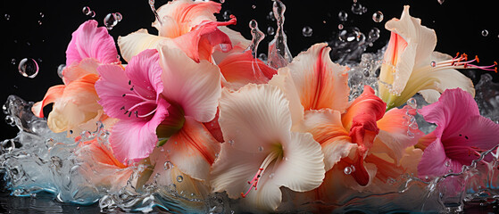 Elegant gladiolus bloom in water splashes.