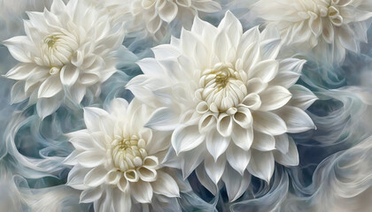 Piękne, białe kwiaty Dalii. Tapeta, abstrakcja, dekoracja. Generative AI - obrazy, fototapety, plakaty