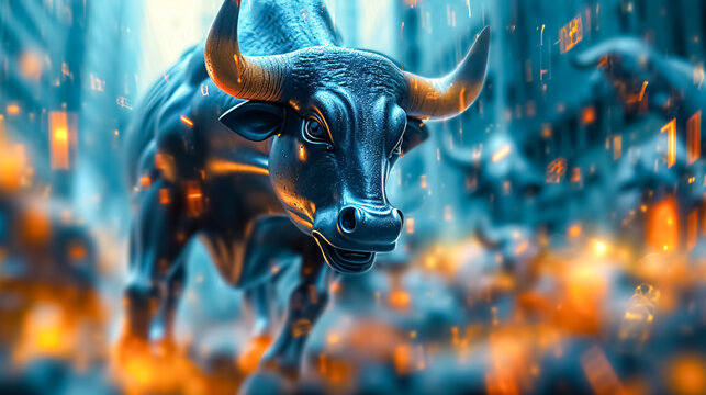 Stock or forex market chart screen and bull. Trading chart and candlestick chart suitable for financial investment concept. 3D, tone image double exposure. finance background.