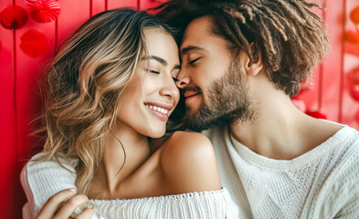 beautiful young couple hugging and smiling at camera on valentines day