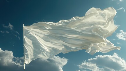 image of an empty white flag on a flagpole. The flag flutters in the wind and the background is a neutral color. for designers who want to add their own designs