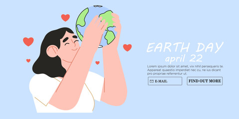 World environment or earth day poster with woman holding earth globe. Protect environment green eco concept. Green and peaceful illustration in modern flat style with girl care about our planet.