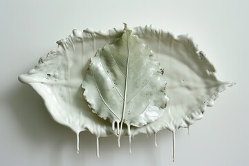 a bright image of a green leaf covered with dripping white thick paint that flows down