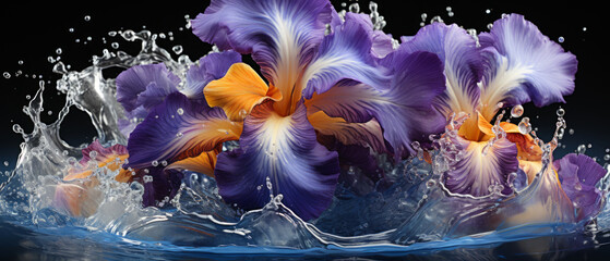 Elegant close-up of iris flowers with water droplets.