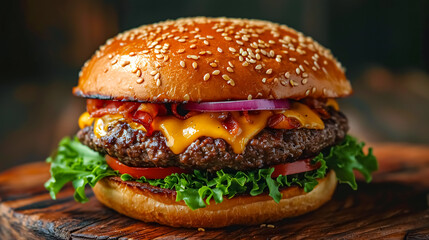 Delicious cheeseburger with beef, cheese, tomato and lettuce. 