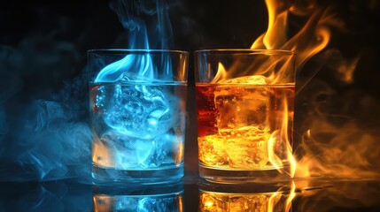 Several Cocktails on Fire and Ice: a mesmerizing spectacle of ethereal flame and smoke around colorful drinks.
