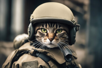 Cat soldier. Cat in military uniform. War cat in a helmet. Concept of resistance to aggression. AI...
